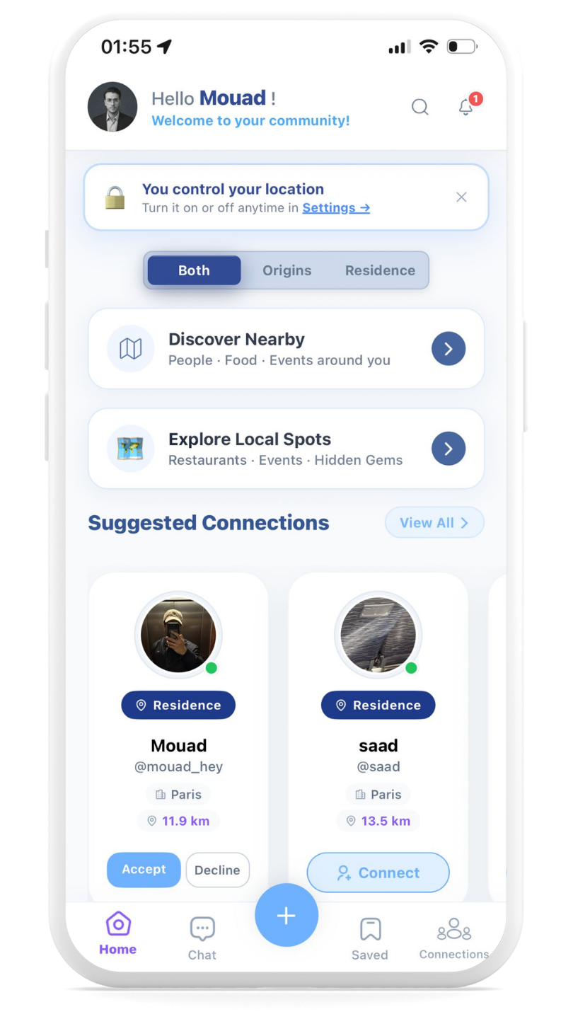 Application web communautaire Origins — maquette interface mobile